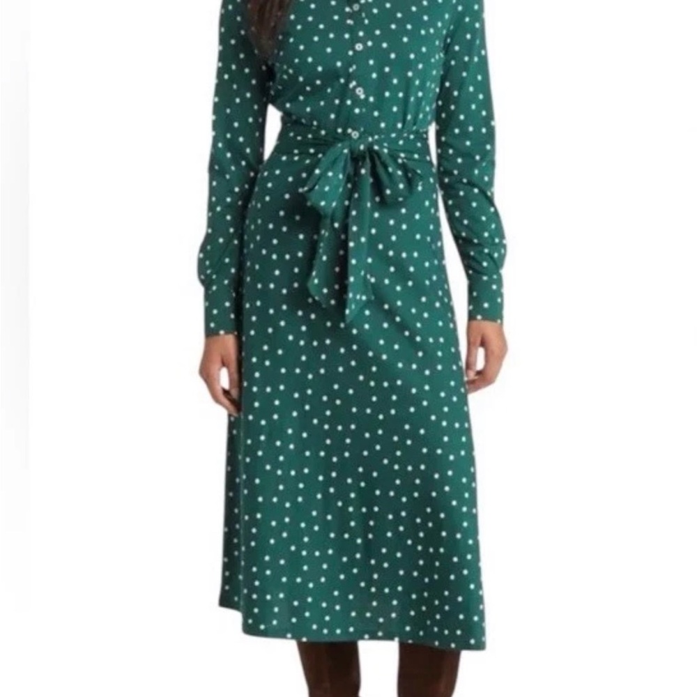 Boden Emerald Green Polka Dot Long Sleeve Midi Dress 8 long